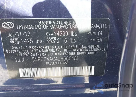 2013 Hyundai Sonata Limited z USA, uszkodzony, nr VIN 5NPEC4AC4DH560481